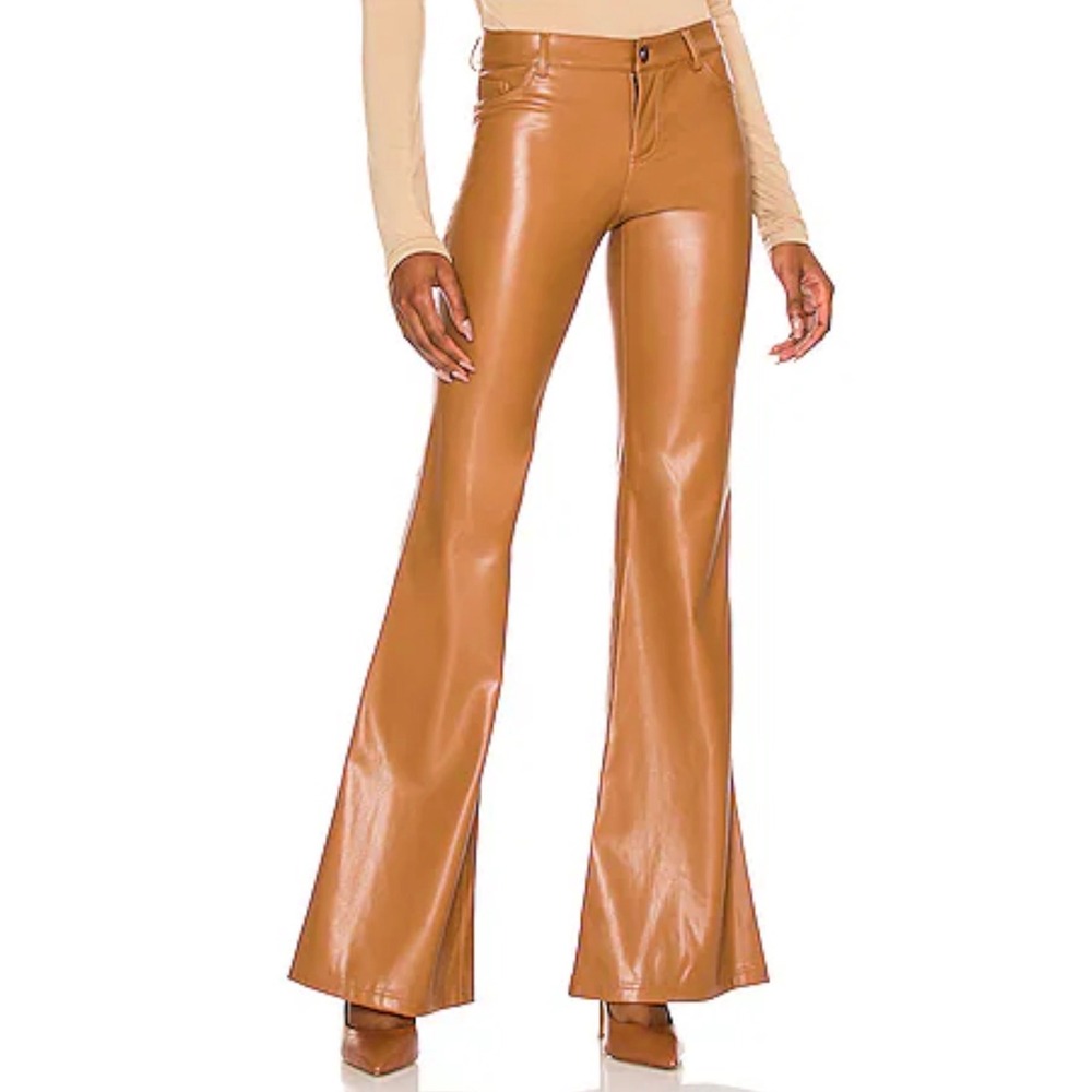 ALICE + OLIVIA Marshall Vegan Leather High Rise Bell Bottom Pants Camel Sz 0
